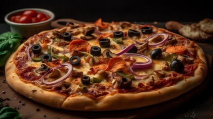 Delicious Pizza with Olives, Mushrooms and Ham on a Wood Board
