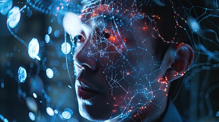 artificial intelligence and neural networks, wireframe hologram, seamlessly integrated into the digital landscape of the internet, blurring the lines between virtual and physical realities.