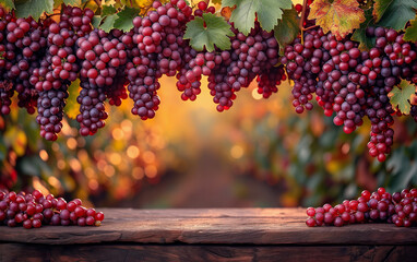 Beautiful image of red grape merlot on the vine in vineyard in countryside. - obrazy, fototapety, plakaty