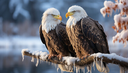 Majestic bald eagle perching on snowy branch, eyes focused generated by AI