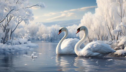 Swan glides on icy pond, reflecting tranquil winter beauty generated by AI