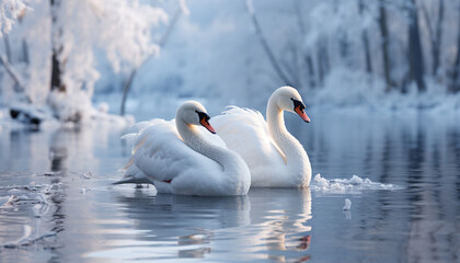 Mute swan glides gracefully on tranquil pond, reflecting winter beauty generated by AI