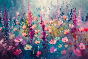 Vivid Flowers Fields, beautiful pattern in oil painting