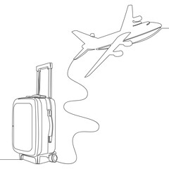 Continuous line drawing Suitcase and airplane Vacation with luggage and travel baggage icon vector illustration concept