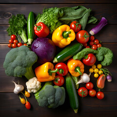 Fresh and Colorful Assorted Vegetables on a Wooden Table - Display of Nutritious Raw Food