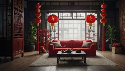 Foto op Canvas Interior of festive living room decorated for Chinese New Year celebration © SR Production