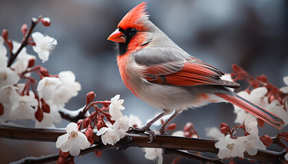 A vibrant male cardinal perches on a branch in the snow generated by AI