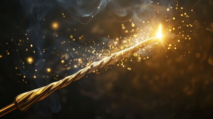 Enchanting magic - magic wand with golden glitter on black background,