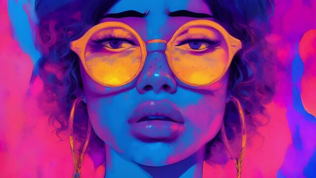 Young sad ethnic African American woman in bright glasses, suffering from epilepsy, looking at camera after being bullied, insulted or intolerant, with purple neon background