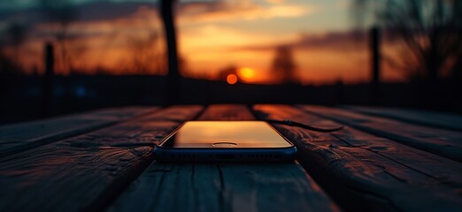 a cell phone sitting on a wooden table at sunset - obrazy, fototapety, plakaty