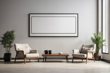 Minimalist background with comfortable chairs next to a coffee table and empty frame hanging on the wall with white space for graphics or text