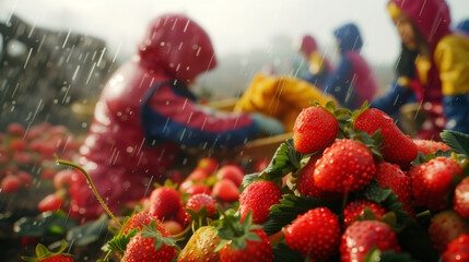 A child busy picking strawberries in a field in the rain. Illegal forced child labor. The concept of illegal human trafficking - obrazy, fototapety, plakaty