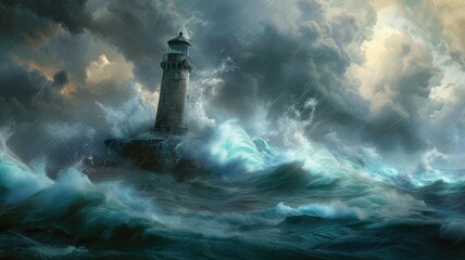 an offshore lighthouse standing tall amidst crashing waves, its sturdy structure weathering the elements while guiding ships safely through treacherous waters.