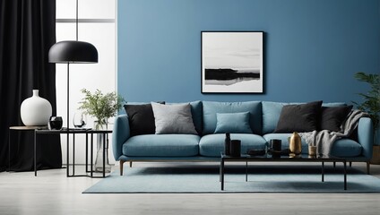 Minimalist composition of living room interior with blue background, black poster frame mock up, furniture, decoration and personal accessories