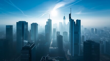 Fototapeta na wymiar a city with tall buildings and a blue sky