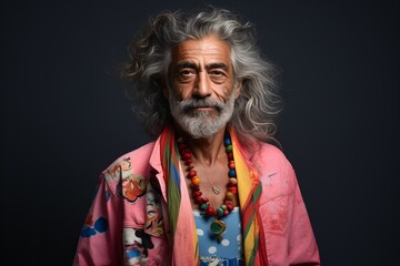 Portrait of a senior Indian man with long grey hair and beard.