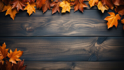 Naklejka na ściany i meble Autumn leaves on wooden table, nature vibrant October backdrop generated by AI