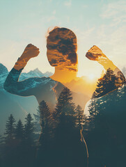 Double exposure, silhouette of a woman with raised hands against the background of the mountains