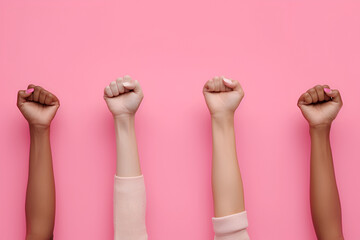 Raised fists of women on a pink background, girl power - obrazy, fototapety, plakaty