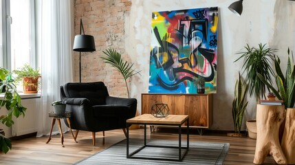 Interior design with furniture and plant vivid graffiti painting frame on living room wall