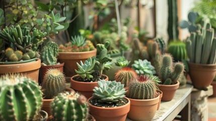 Assorted cacti in flowerpots on wood table, creating a green plant community