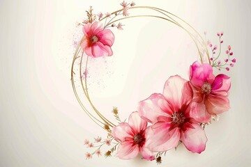 Watercolor pink floral wreath with golden circle