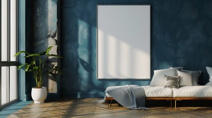House with blue walls, hardwood floor, couch, plant, and white canvas frame on the wall, free copy space