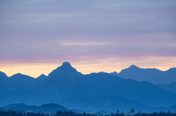 Mountains at sunset in Allgovia, Germany..