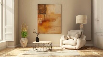 A living room with a beige armchair ,table ,lamp and artwork on the wall