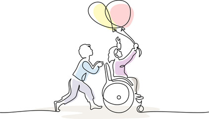 Happy disabled girl with balloons and healthy boy run outdoor.