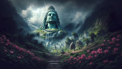 Giant Lord Shiva statue and enchanted valley of flowers - obrazy, fototapety, plakaty