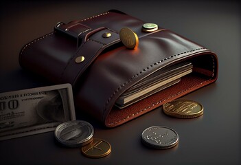 3D rendering wallet with credit card and coins. Money savings and shopping concept. Generative AI