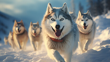 Running sled dogs enjoy the winter outdoors, purebred and playful generated by AI