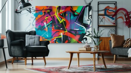 A vibrant living room interior with magenta graffiti art on the wall
