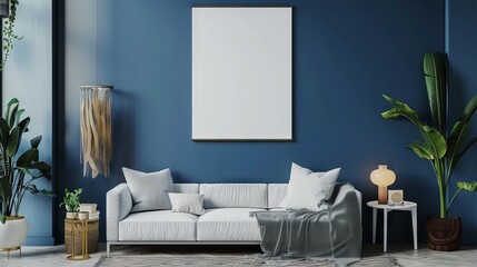 An interior of a living room with blue walls and a white couch, white blank canvas frame on the wall