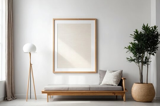 One light wood thin rectangular vertical empty frame hanging on a white textured wall mockup, Flat lay