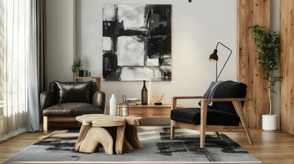 A living room filled with furniture and a painting artwork on the wall