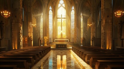 Divine sanctuary - Catholic church interior with Christ, spiritual atmosphere - obrazy, fototapety, plakaty