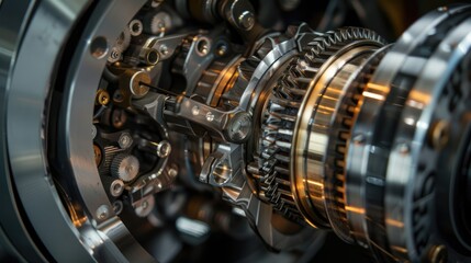 Fototapeta premium Mechanical precision - transmission gears closeup, industrial technology stock photo