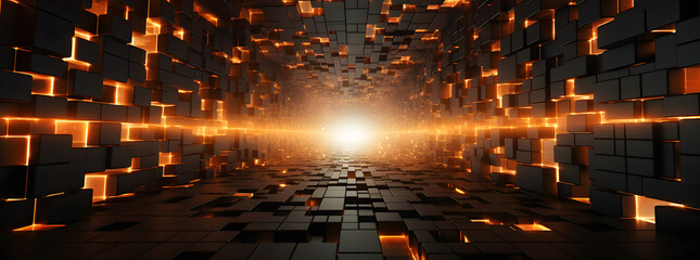 an image of black and orange blocks of fire falling to the ground, in the style of futuristic digital art, dark gold, mosaic graffiti, abstraction-création, softbox lighting, symmetrical grid, voxel a