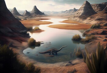 3D rendering of wetlands in Hell Creek about 67 million years ago. The formation was home to dinosaurs such as Tyrannosaurus Rex and Triceratops. Generative AI