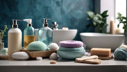 Fototapeta na wymiar Set of different bath accessories and soap on tub in bathroom