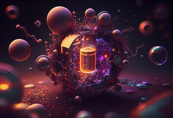 elementary particles in micro space, abstract futuristic 3d illustration. Generative AI - obrazy, fototapety, plakaty