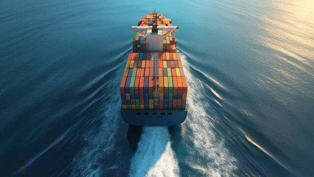 Seamless looping 4K virtual video animation displaying the tranquil ocean landscape with large cargo ships transporting import/export container boxes, highlighting the serene beauty of the scene.