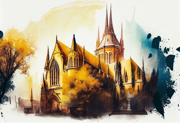 landscape of yellow gothic architecture ancient buildings watercolor style illustration impressionist painting. Generative AI - obrazy, fototapety, plakaty