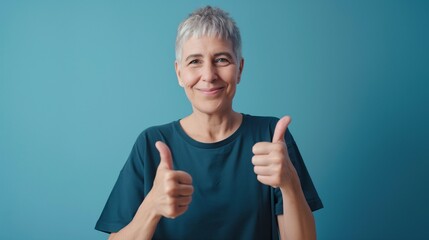 ältere Frau zeigt Daumen hoch – Zustimmung, Aufbruch, Optimismus. Sie trägt ein dunkelblaues T-Shirt vor einer hellblauen Wand. - obrazy, fototapety, plakaty