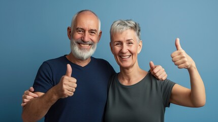 älteres Paar zeigt Daumen hoch – Zustimmung, Aufbruch, Optimismus. Sie tragen dunkle T-Shirts vor einer hellblauen Wand. - obrazy, fototapety, plakaty