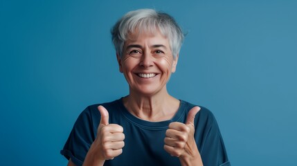 Seniorin zeigt Daumen hoch – Zustimmung, Aufbruch, Optimismus. Sie trägt ein dunkelblaues T-Shirt vor einer hellblauen Wand. - obrazy, fototapety, plakaty