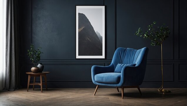Stylish dark interior with blue armchair,empty poster mockup