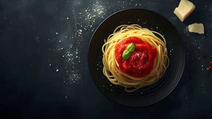 Italian spaghetti with tomato sauce and grated parmesan top view on black board  - obrazy, fototapety, plakaty